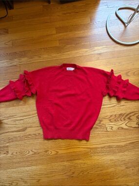 Line + Dot Ruffle-Sleeve Crewneck Sweater in Bright Red
